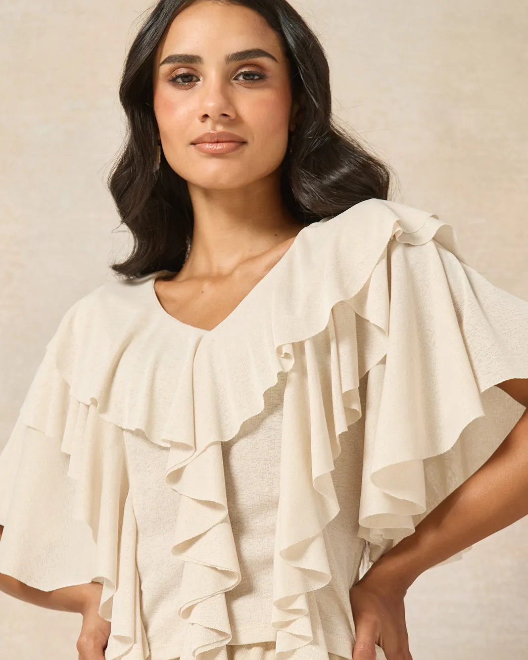 Women Beige Ruffle V Neck Jersey Top sold by Redtag product image thumbnail 4