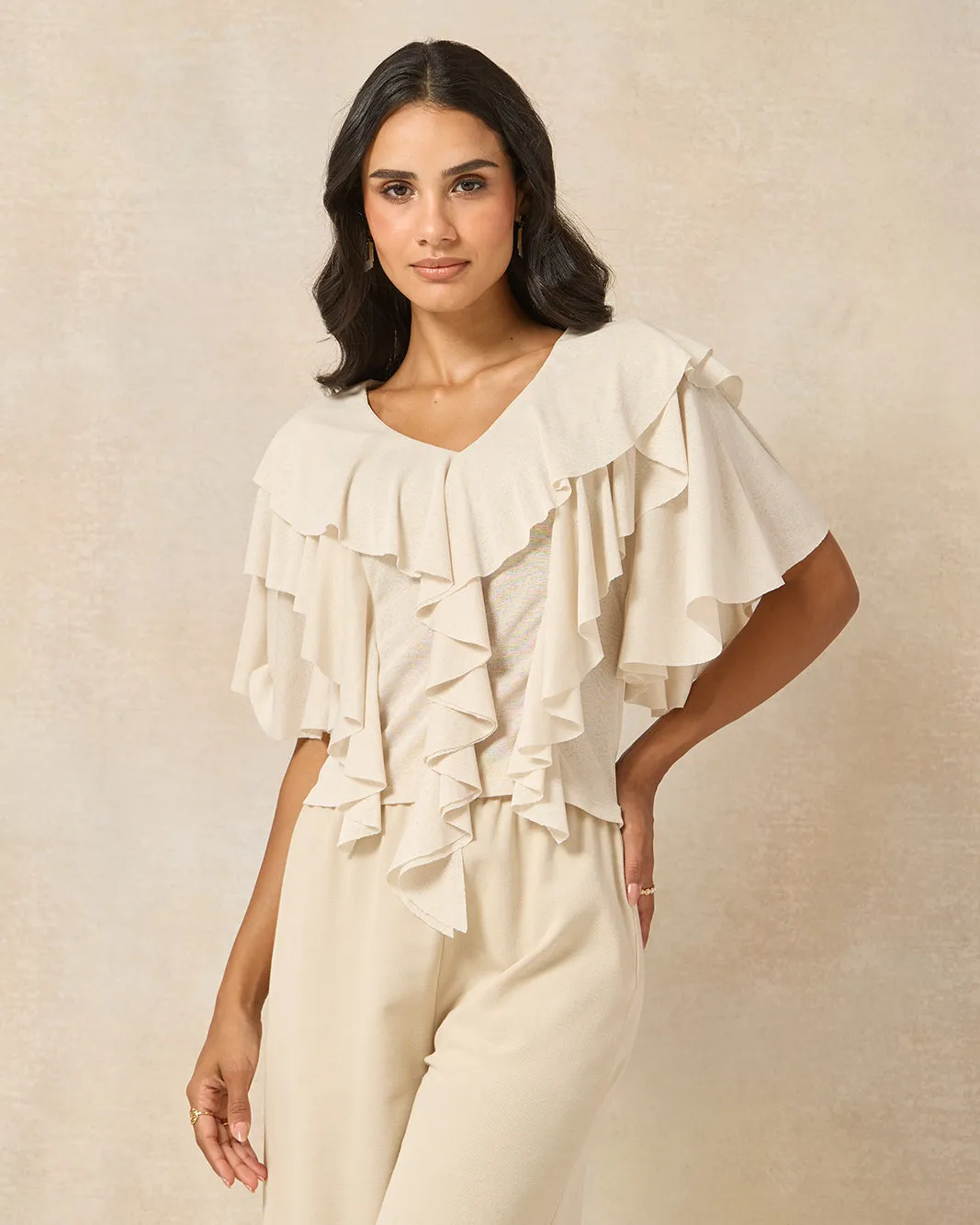 Women Beige Ruffle V Neck Jersey Top sold by Redtag