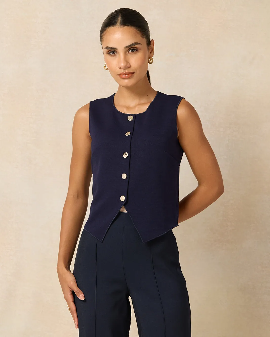 Women Navy Vest With Gold Button sold by Redtag