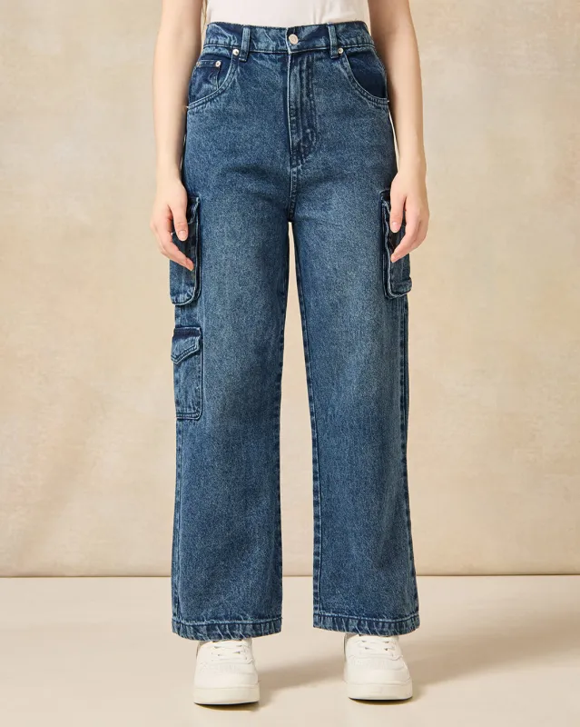 Senior Girls Navy Cargo Pocket Jeans sold by Redtag