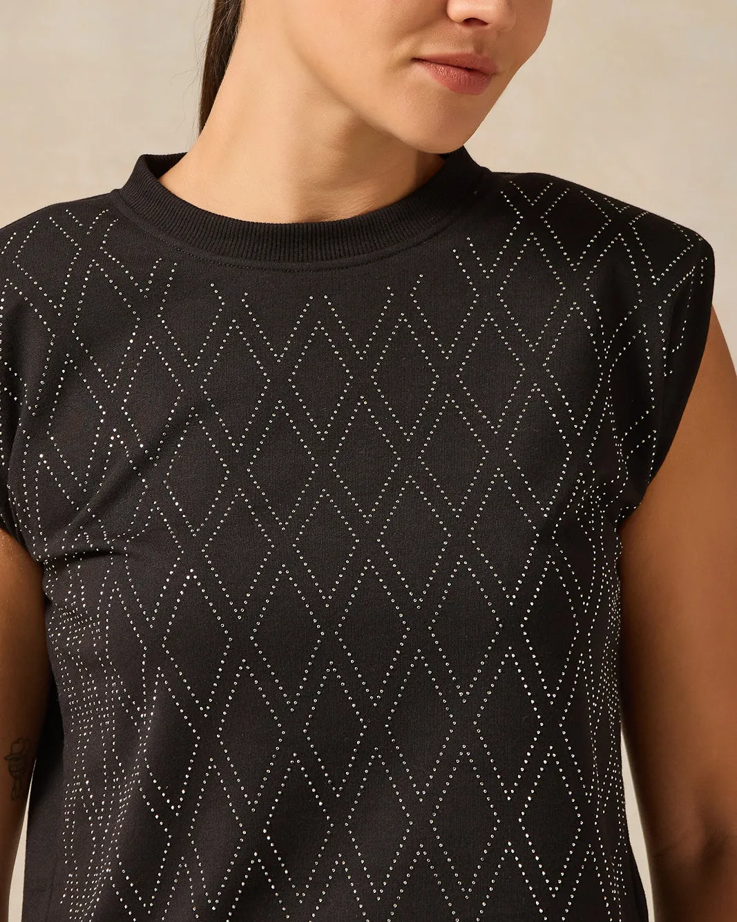 Women Black Diamond Rhine Stone Heat Set Shoulder Padded Top sold by Redtag product image thumbnail 4