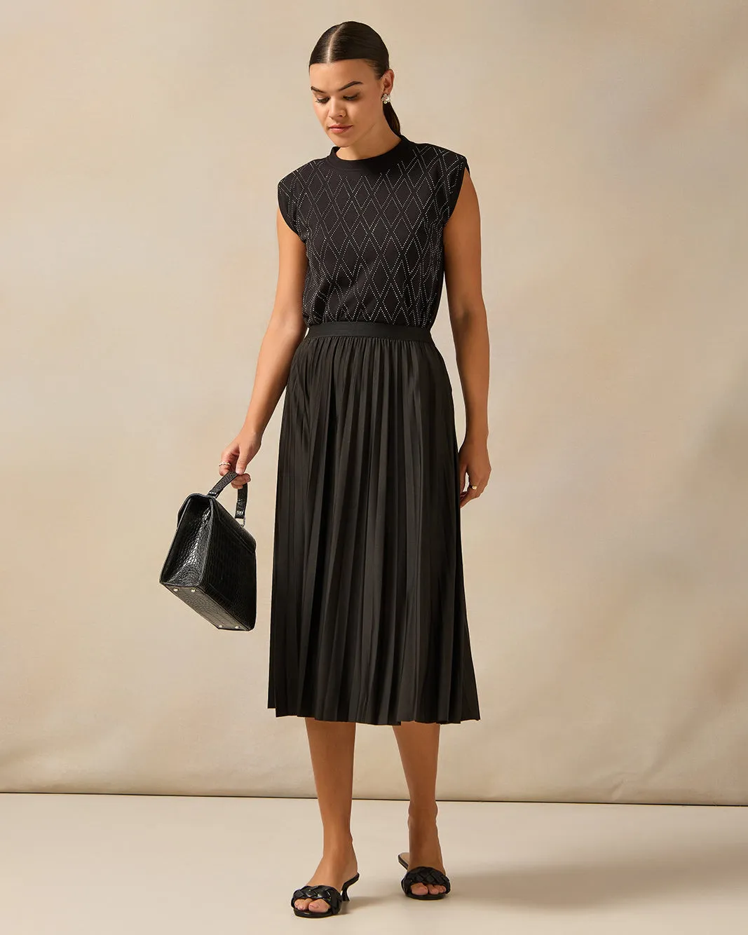 Women Black Diamond Rhine Stone Heat Set Shoulder Padded Top sold by Redtag product image thumbnail 2