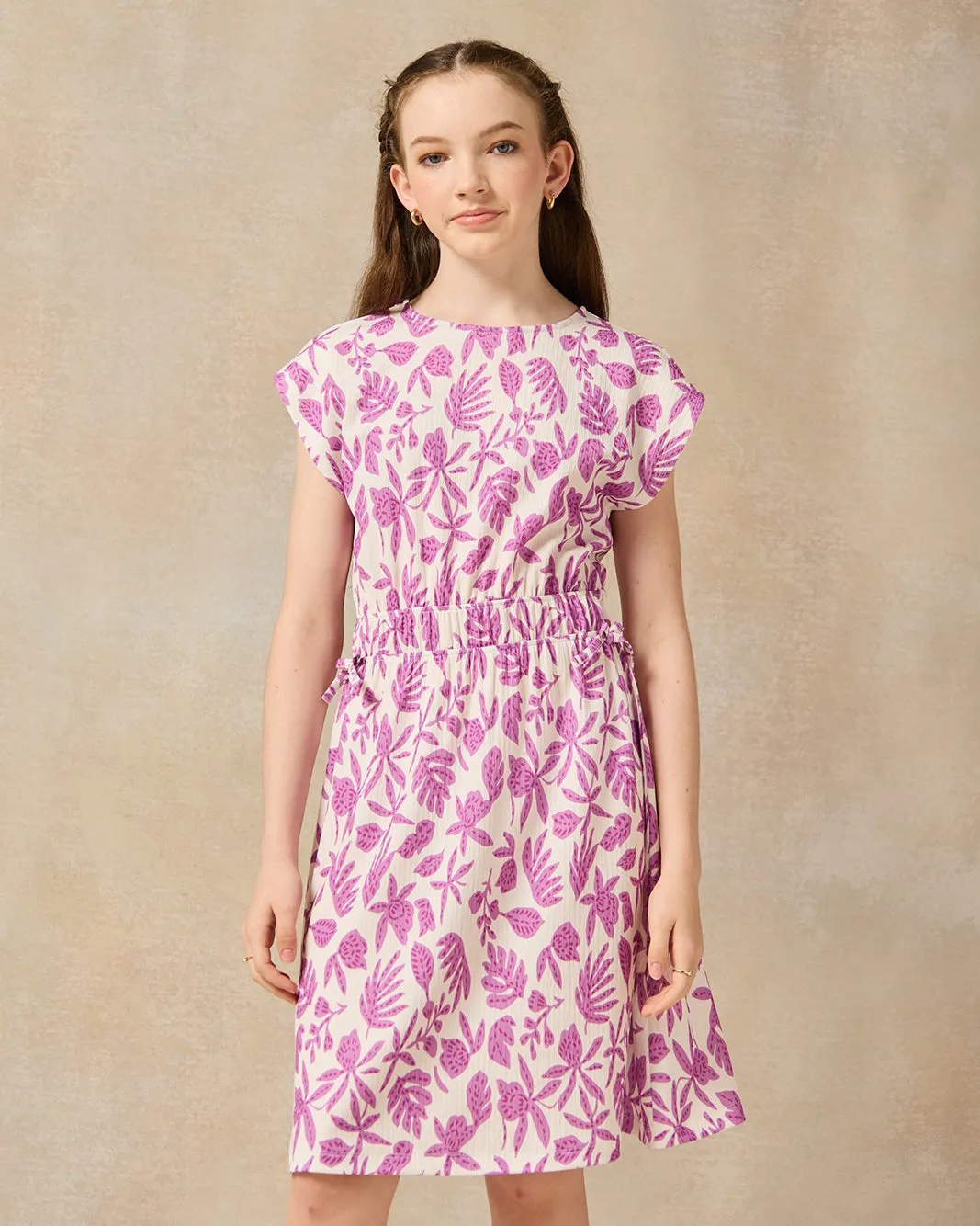 Senior Girls White And Purple Floral Printed Crepe Dress sold by Redtag