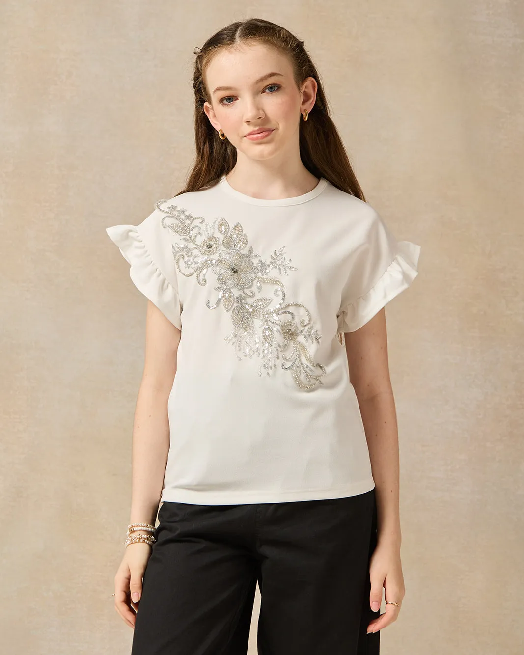 Senior Girls White And Silver Embroidered Top sold by Redtag