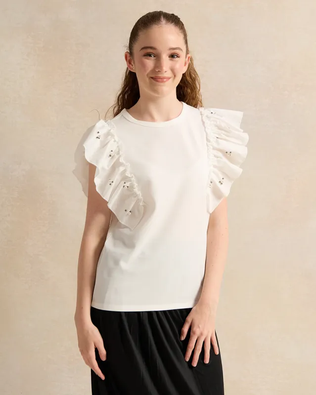 Senior Girls White Ruffled Sleeve With Pearls sold by Redtag