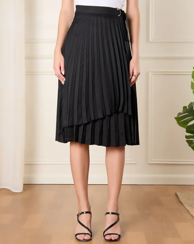 Women Black Solid Pleated Skirt sold by Redtag