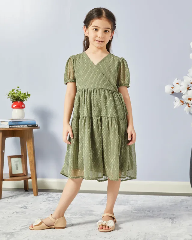 Girls Olive Embellished Casual Dress sold by Redtag