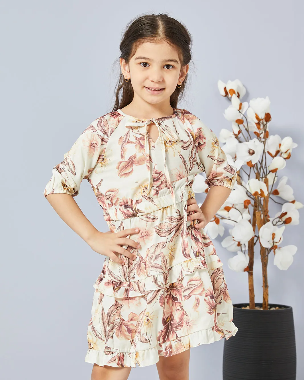Girls White Floral Print Casual Dress sold by Redtag