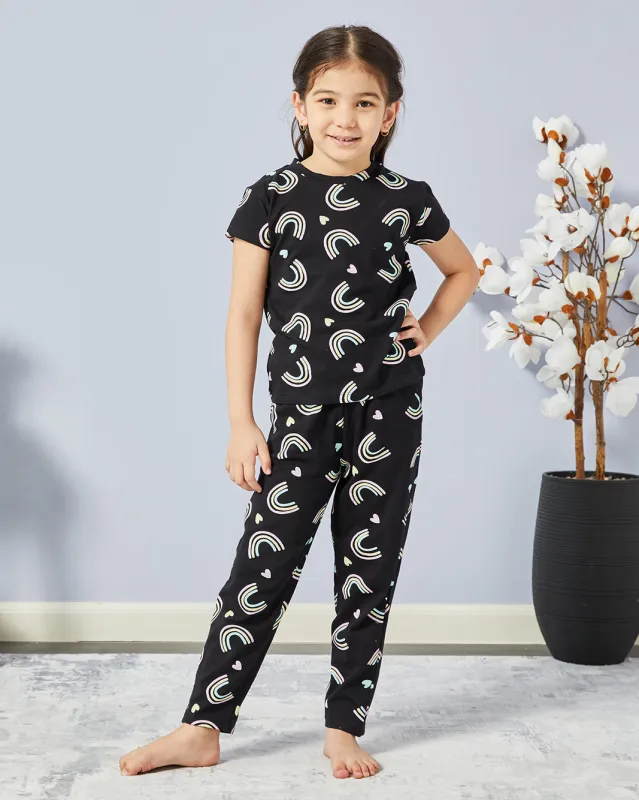 Girls Black Printed Pyjama Set (2 Piece) sold by Redtag