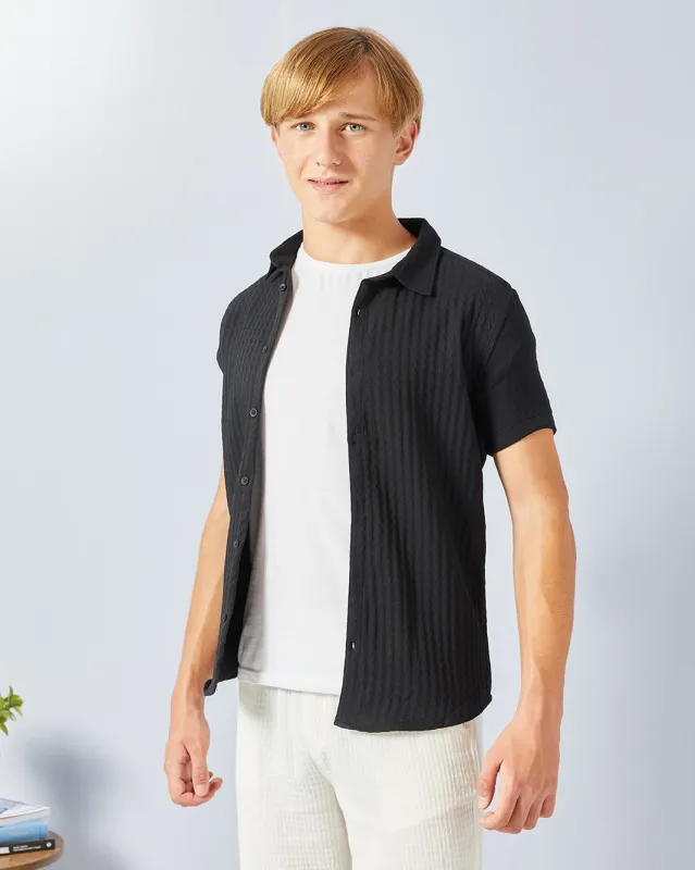 Senior Boys Black Jacquard Shirt With White T-Shirt Set (2 Piece) sold by Redtag