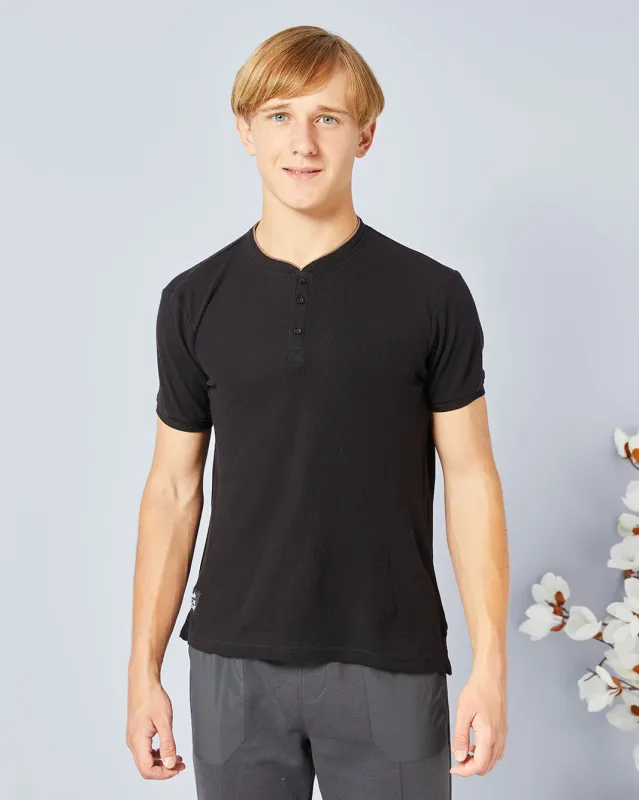 Senior Boys Black Mandarin Collar Polo Shirt sold by Redtag