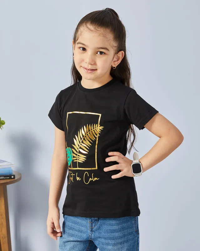 Girls Black Printed Basic T-shirt sold by Redtag