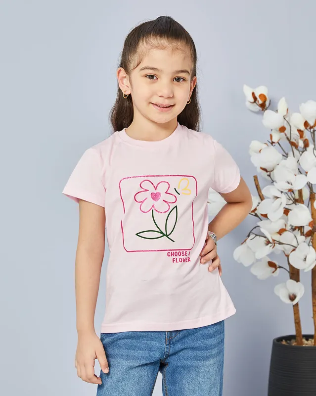 Girls Pink Printed Basic T-shirt sold by Redtag