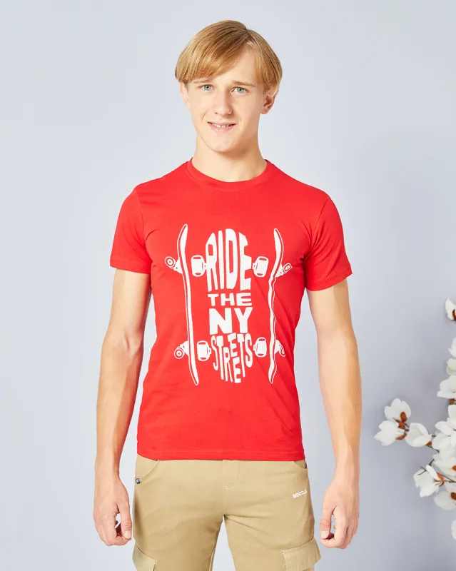 Senior Boys Red Printed T-Shirt sold by Redtag