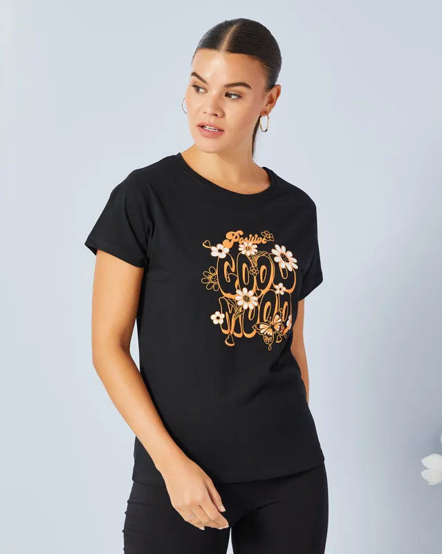 Women Black Basic Graphic T-Shirt sold by Redtag