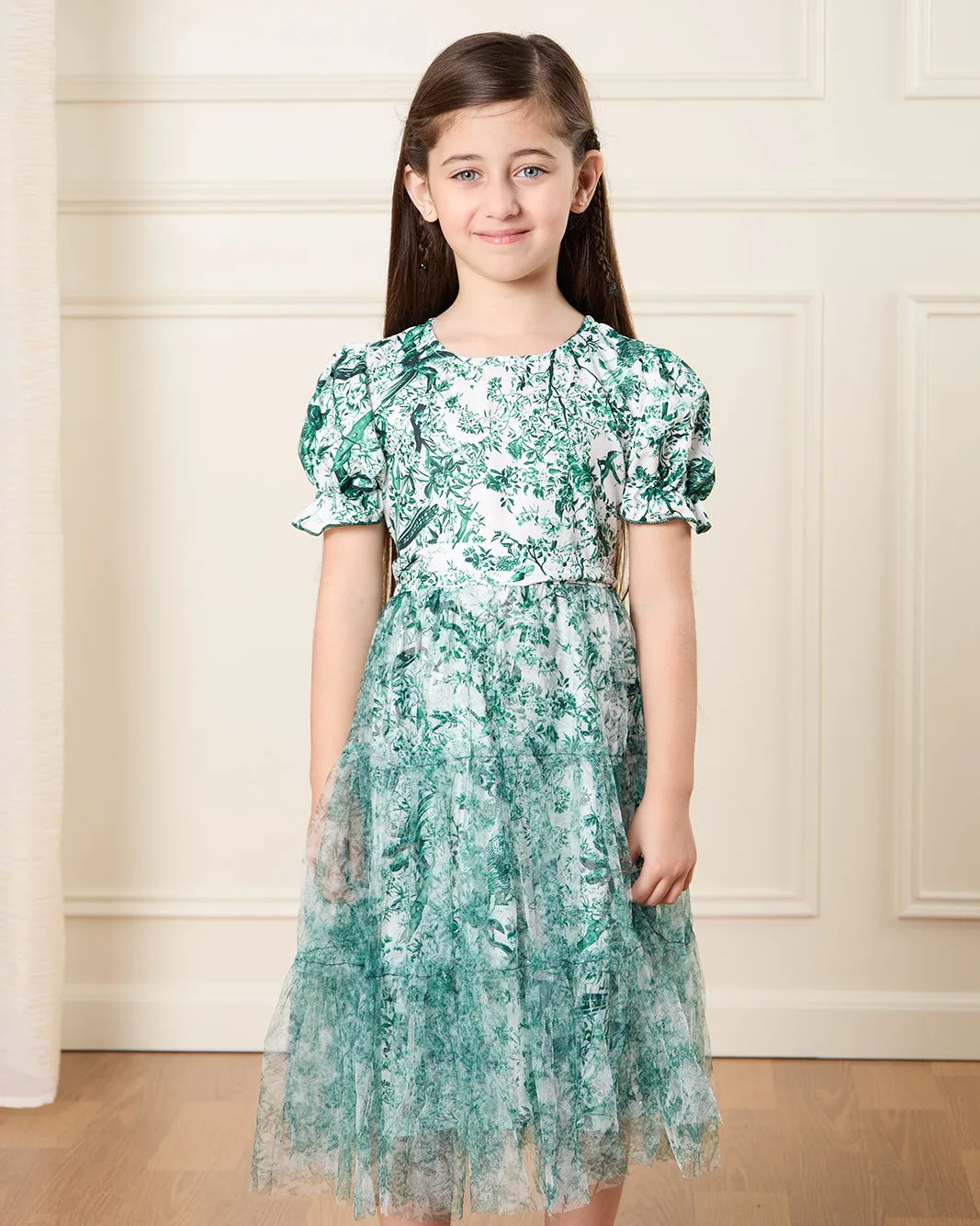 Girls White And Green Printed Dress sold by Redtag