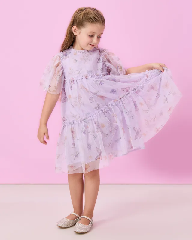 Girls Purple Rose Print Layered Mesh Dress sold by Redtag
