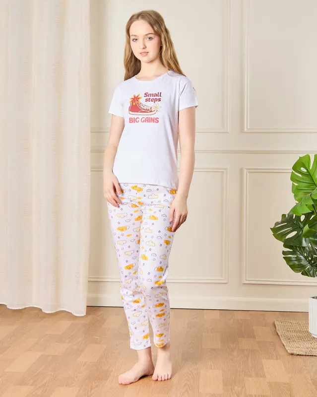 Senior Girls White Printed Pyjama Set (2 Piece) sold by Redtag