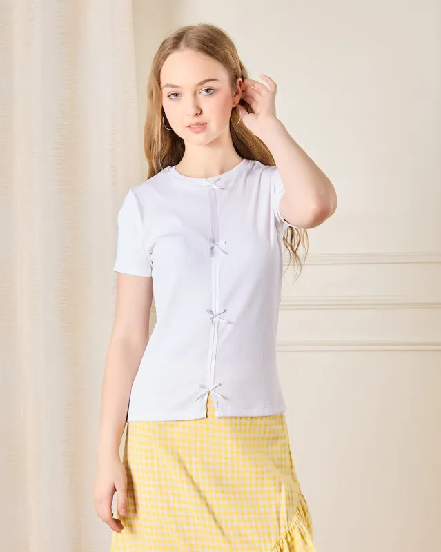 Senior Girls White Ribbed Bow Top sold by Redtag