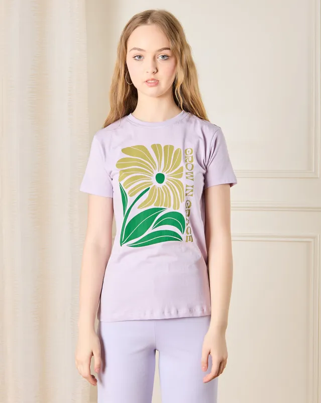 Senior Girls Lilac Printed Casual T-Shirt sold by Redtag