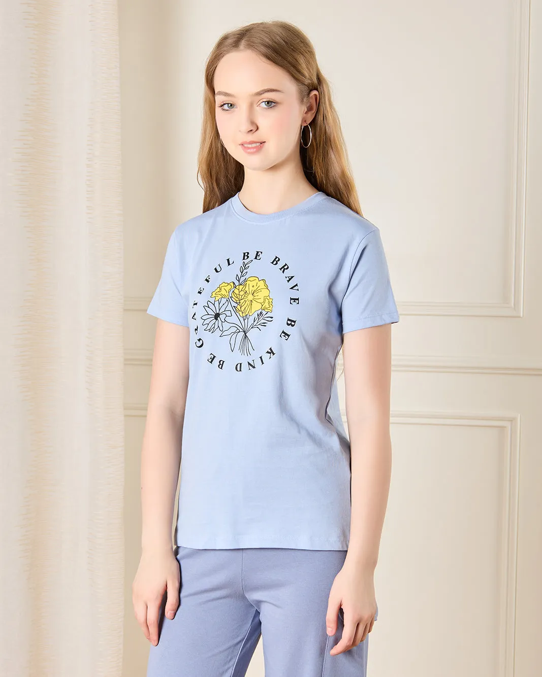 Senior Girls Blue Printed Casual T-Shirt sold by Redtag