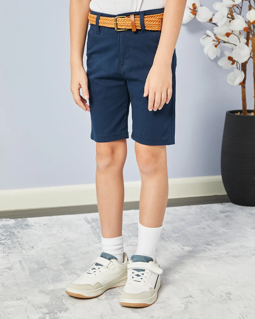 Boys Navy Belted Dobby Chino Shorts sold by Redtag