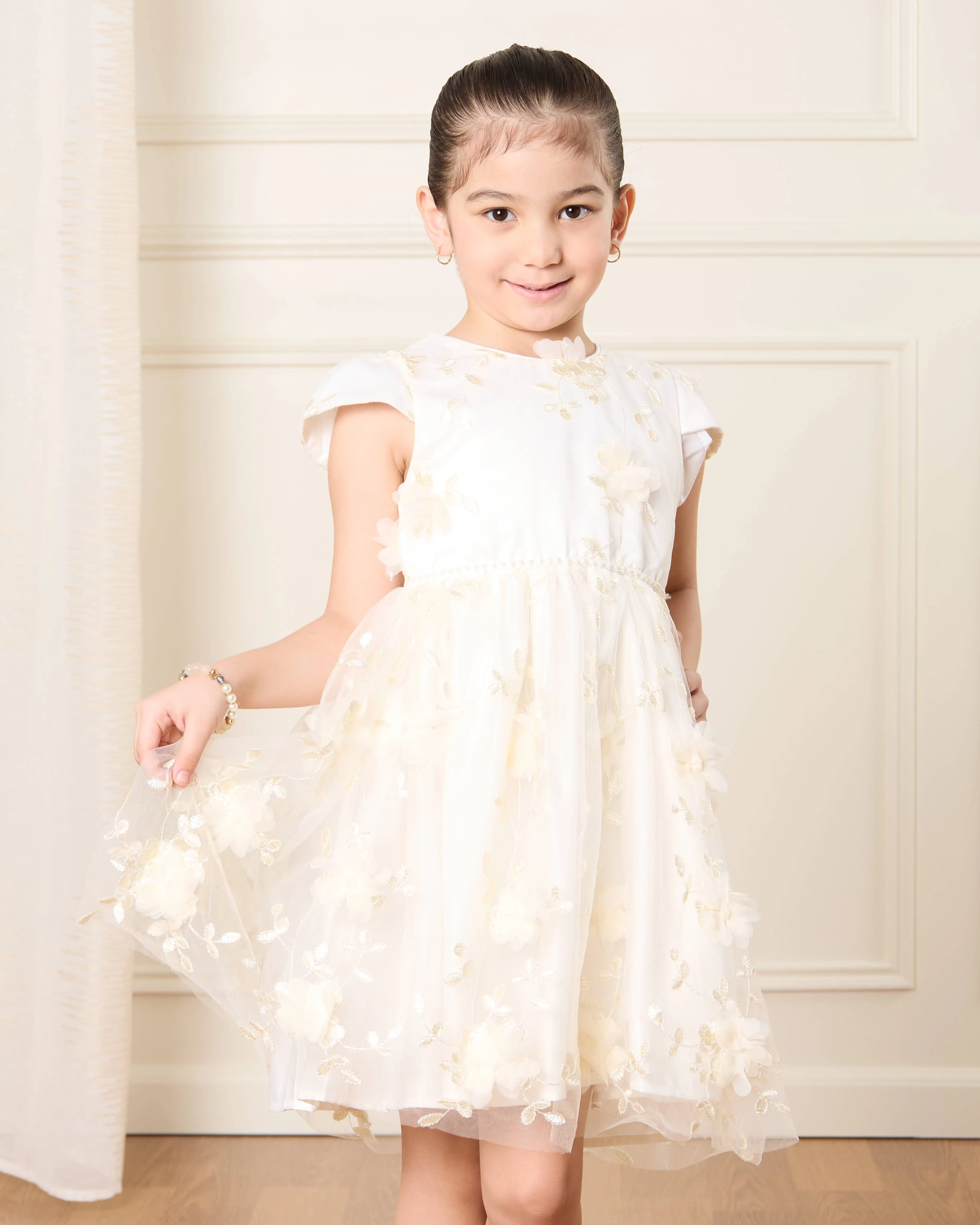 Girls Beige Floral Embellishment Dress sold by Redtag