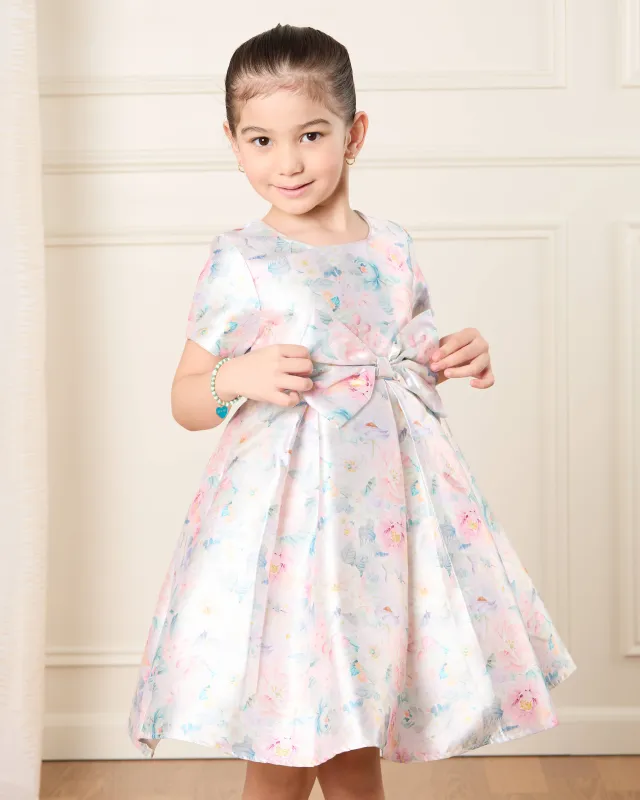 Girls Blue Floral Print Dress With Bow sold by Redtag