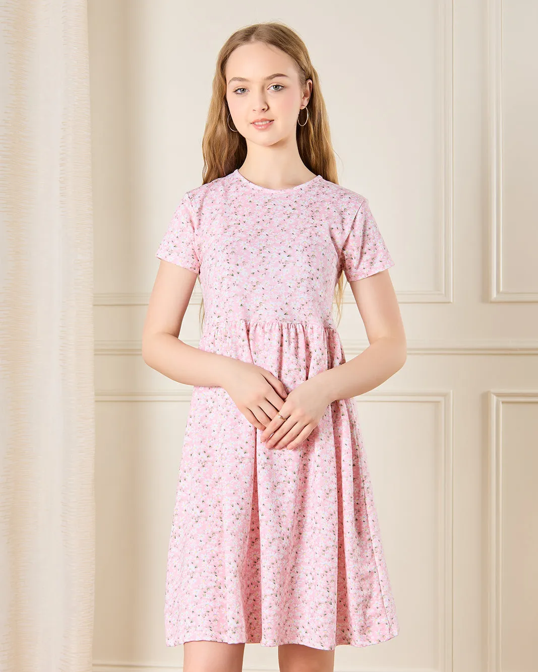 Senior Girls Pink Floral Print Knitted Dress sold by Redtag