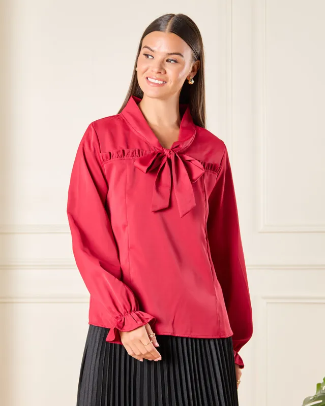 Women Red Tie Neck Casual Blouse sold by Redtag