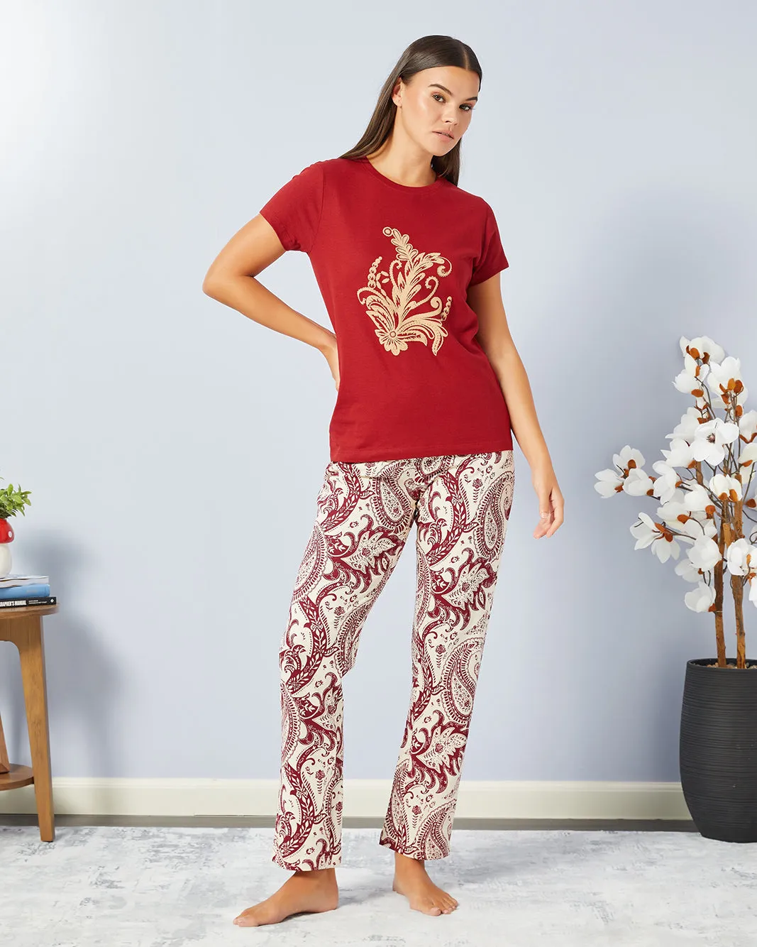 Women Red And Beige Printed Pyjama Set (2 Piece) sold by Redtag