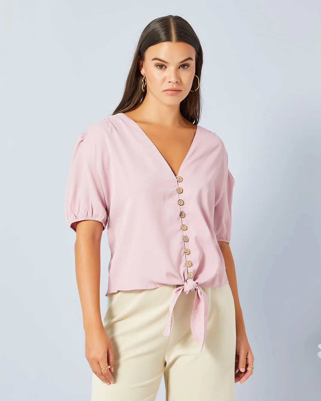 Women Pink Front Tie Casual Blouse sold by Redtag