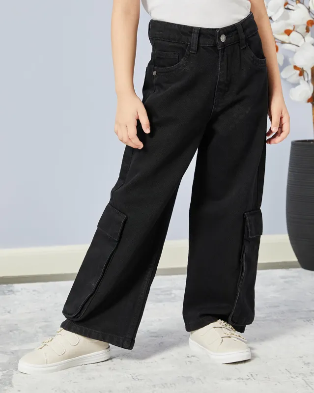 Girls Black Cargo Wide Leg Denim Jeans sold by Redtag