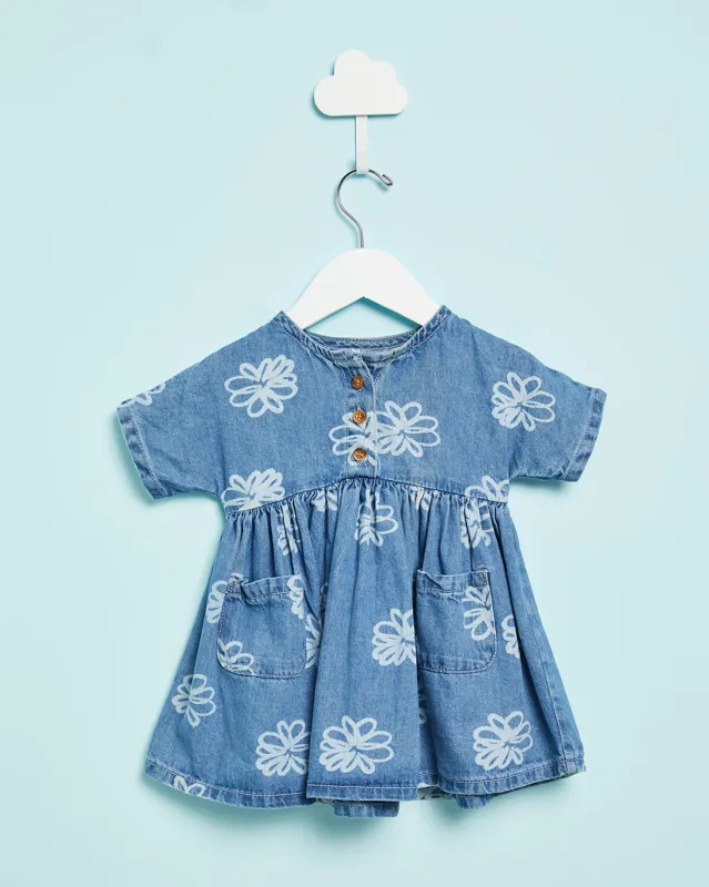 Infant Girls Blue Floral Print Denim Dress sold by Redtag