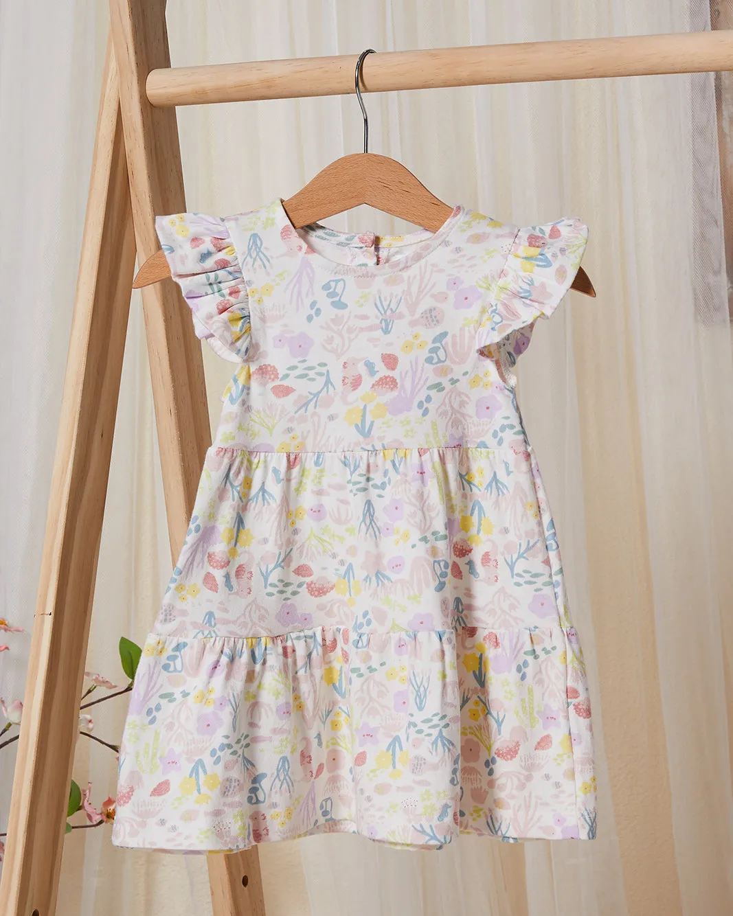 Infant Girls White Tiered Dress With Sea Print sold by Redtag