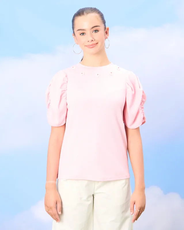 Senior Girls Pink Top With Floral Embellishment sold by Redtag