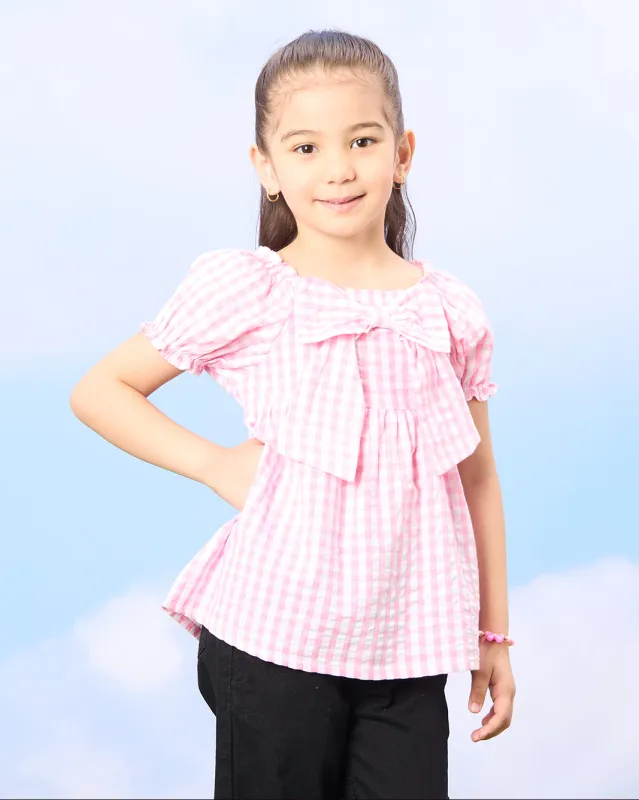 Girls Pink Front Bow Blouse With Puff Sleeve sold by Redtag