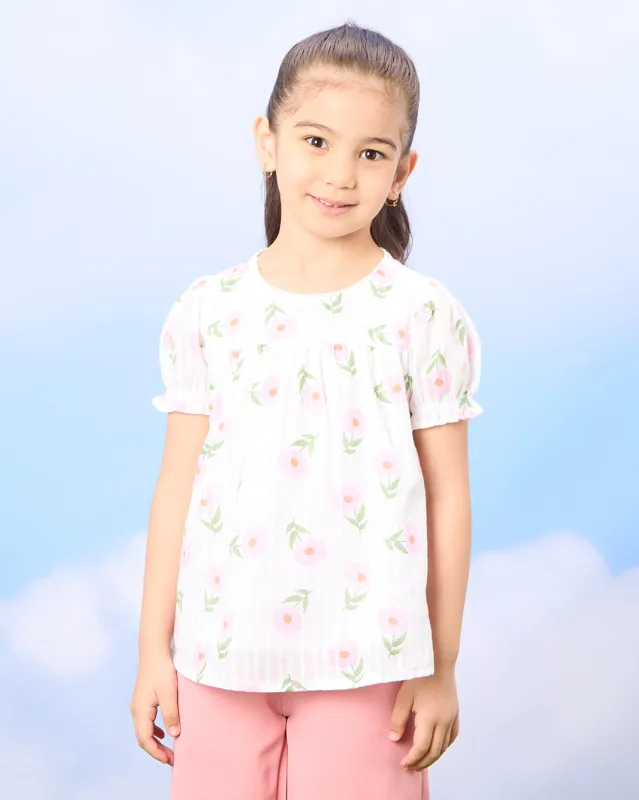 Girls White Floral Printed Woven Blouse sold by Redtag