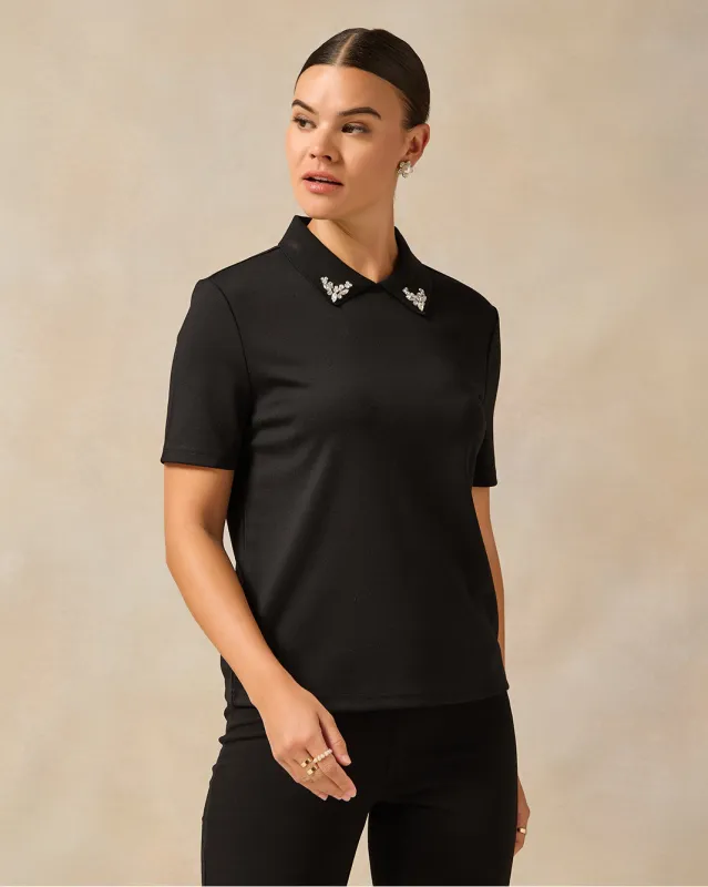 Women Black Embellished With Rhinestone Collar  Polo T-shirt sold by Redtag