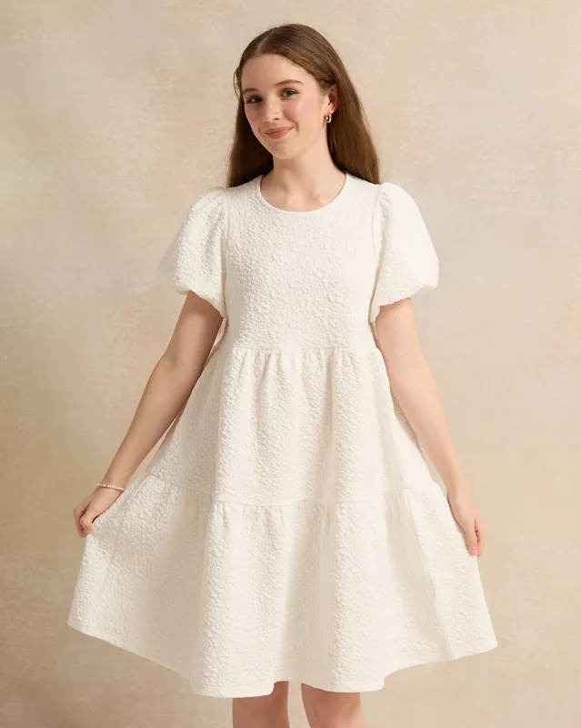 Senior Girls White Puff Sleeve Jacquard Tiered Dress sold by Redtag