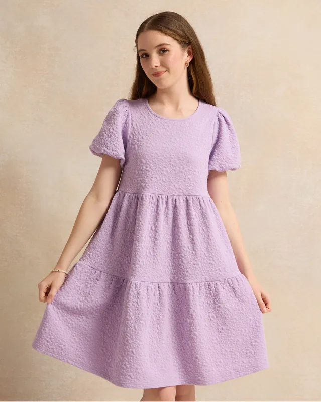 Senior Girls Purple Puff Sleeve Jacquard Tiered Dress sold by Redtag