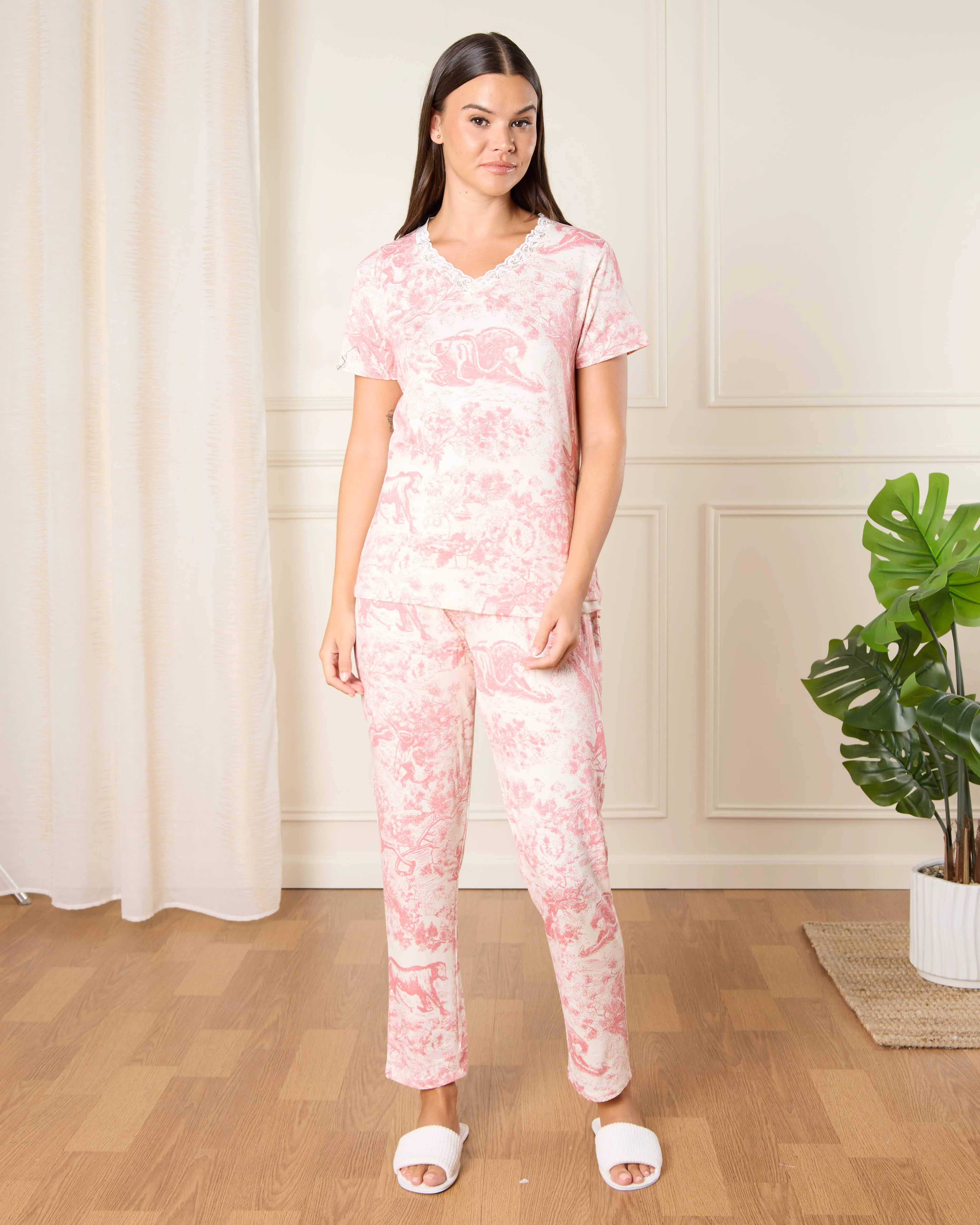 Women Pink Lace Printed Pyjama Set (2 Piece) sold by Redtag
