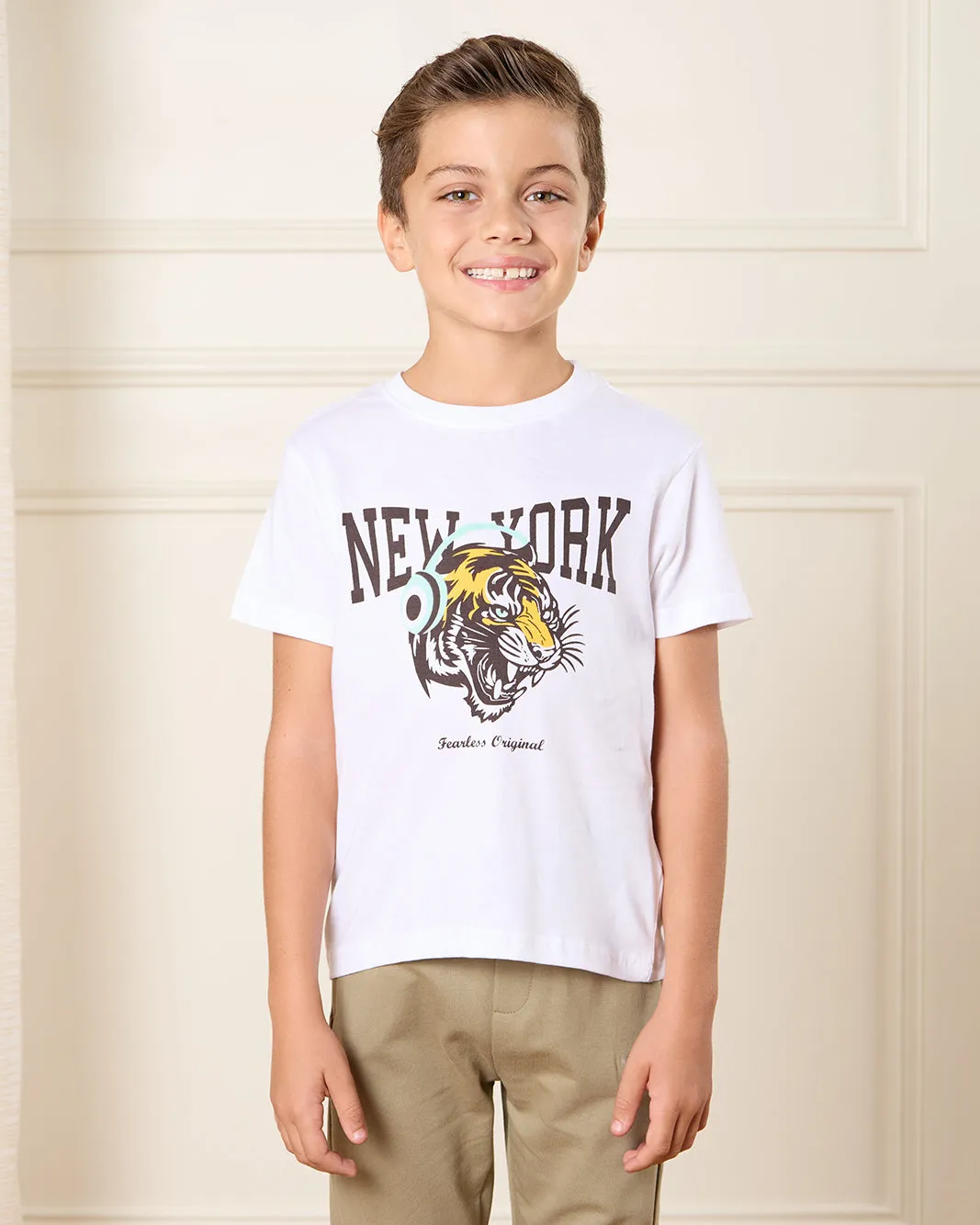 Boys White New York Print T-Shirt sold by Redtag