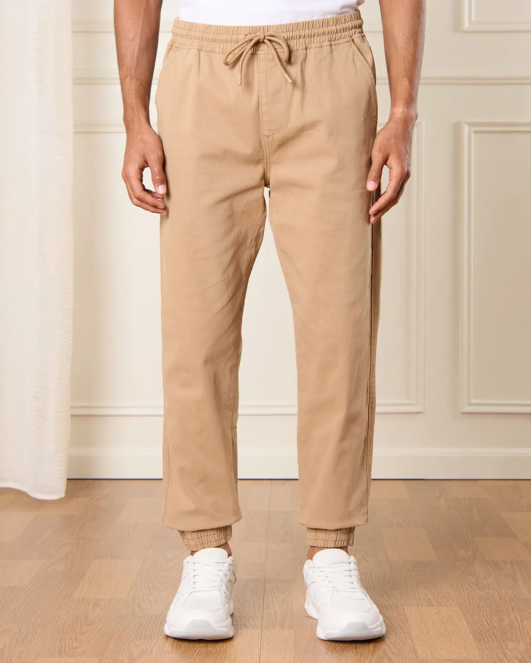 Men Beige Solid Twill Jogger sold by Redtag