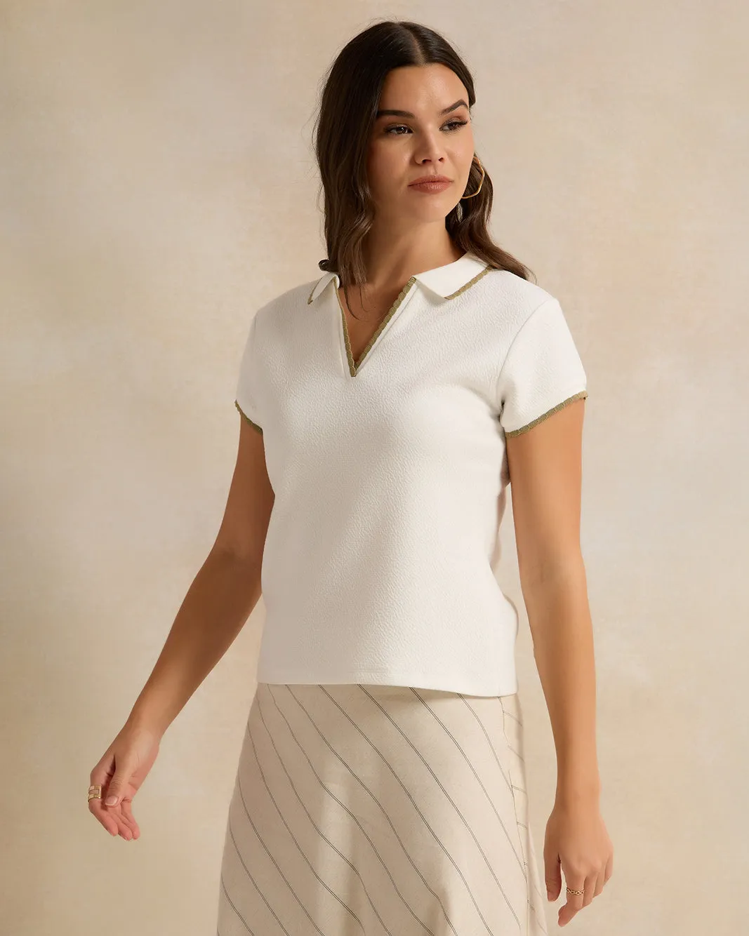 Women Ivory Detailed Polo-Neck Top sold by Redtag