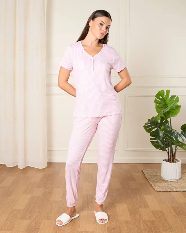 Women Pink Striped Pyjama Set (2 Piece) sold by Redtag