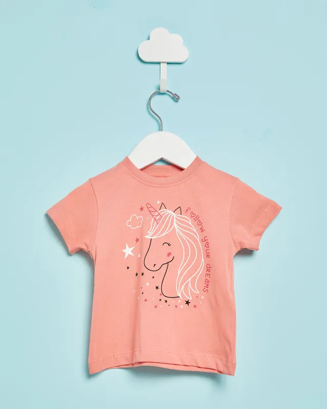 Infant Girls Coral Printed Casual T-Shirt sold by Redtag