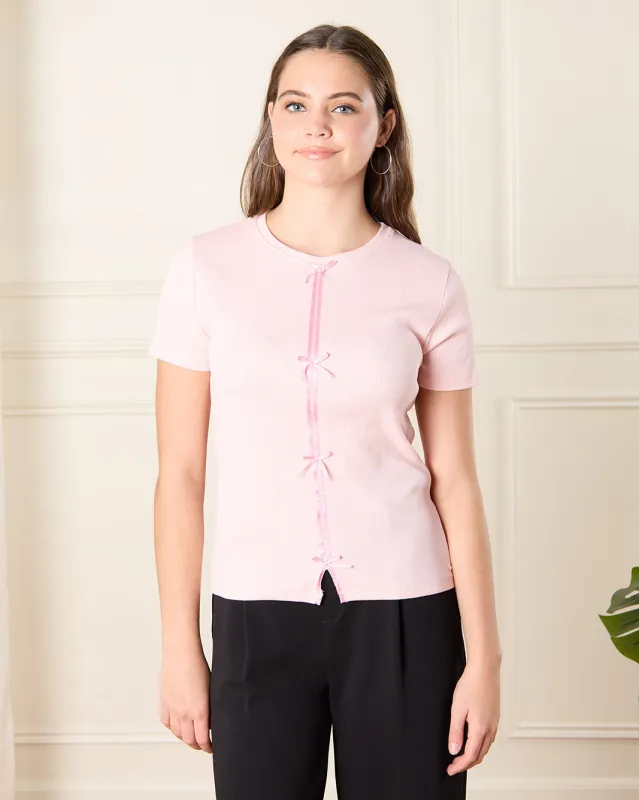 Senior Girls Pink Rib Bow Top sold by Redtag
