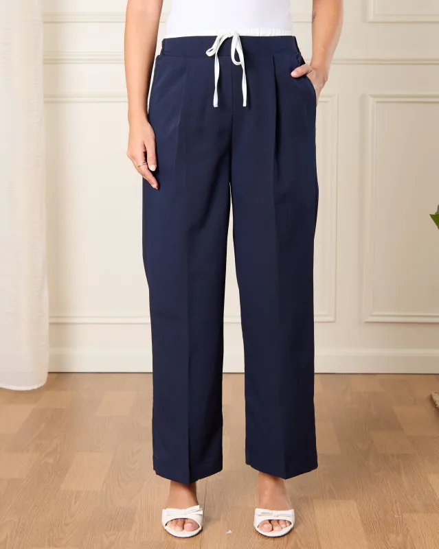 Women Navy Detailed Wide Leg Trousers sold by Redtag