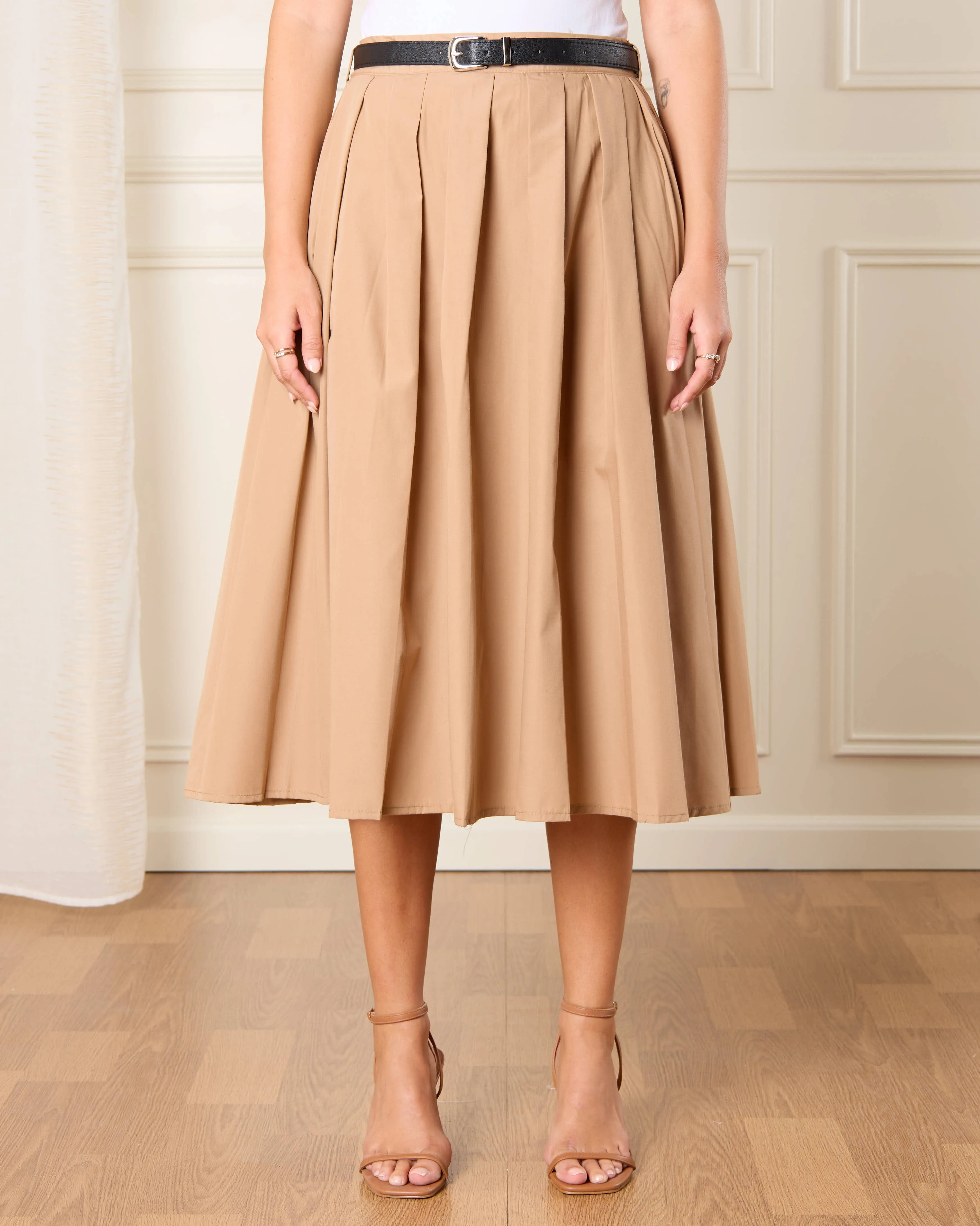 Women Brown A Line Pleated Skirt With Belt sold by Redtag